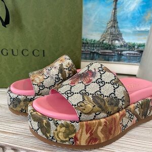NEW GUCCI LUXURY GG GUCCISSIMA FLORAL WEDGE PLATFORM SANDALS SHOES 36.5/6.5